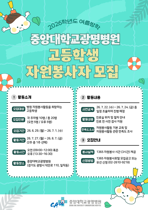 1. 모집 대상: 원내 자원봉사활동을 희망하는 고등학생     2. 자원봉사 모집 및 활동 인원: 각 주차별 10명 (오전 5명 / 오후 5명), 총 20명     3. 자원봉사 활동 장소: 원내 자원봉사 활동 부서 (외래 접수 및 검사실, 진료지원부서 등)     4. 주요 일정 및 활동 내용  1) 모집기간 : 2026.06.29. (월) ~ 2026.07.10. (금)  2) 활동기간 : 2026.07.27. (월) ~ 2026.08.07.(금) (2주 중 1주 선택하여 활동)  3) 활동시간 : 주 5회(월~금) / 오전(09:00~12:00) 혹은 오후(13:30~16:30) 중 택 1  4) 활동내용 : 내원객 안내 및 외래진료 전 사전검사 보조 등  5) 사전교육 : 2026.07.22.(수) ~ 2026.07.24(금) 중 일정 조율하여 진행 예정  6) 지원사항 : 1365 자원봉사 시간 제공 / 중식 미제공     5. 신청방법: 1365 신청 또는 유선 신청 후 사회사업팀 담당자와 일정 조율  (공고명 : 중앙대학교광명병원 고등학생 자원봉사자 모집)